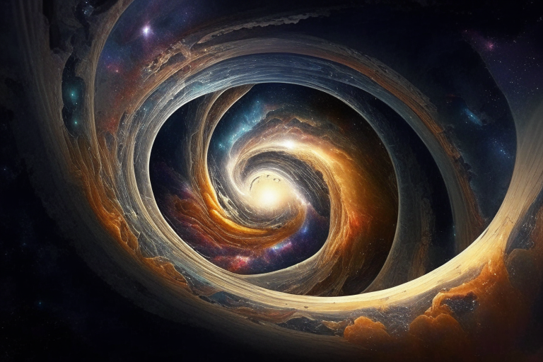 Compose an image that illustrates the concept of a wormhole, showcasing its swirling, interdimensional portal that connects distant parts of the universe. Convey the mind-bending possibilities of traversing space and time.