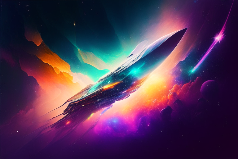 Design a breathtaking interstellar voyage, featuring a starship gliding through a majestic nebula, with vibrant colors enveloping the spacecraft. Emphasize the sense of adventure and exploration as humanity ventures into the cosmos.