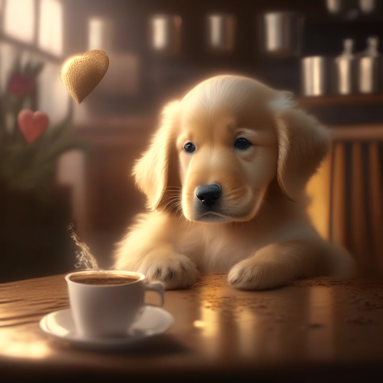 a Golden Retriever puppy drinking a latte with heart-shaped art, cozy atmosphere, 4k