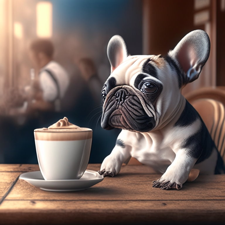 a French Bulldog puppy drinking a latte with heart-shaped art, modern cafe, 4k