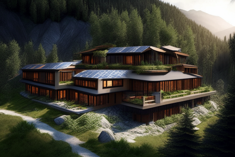 a three-story home with 10 solar panels on each level, nestled in the Kashmir mountains, surrounded by trees and greenery, with a river nearby, with a road house, 50%, solar panels, 30%, trees, 10%, river, 5%, road, 5%