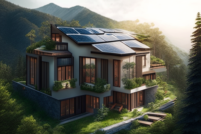 a two-story home with 10 solar panels on each level, nestled in the mountains, surrounded by trees and greenery house, 50%, solar panels, 30%, trees, 10%, mountain, 5%, greenery, 5%