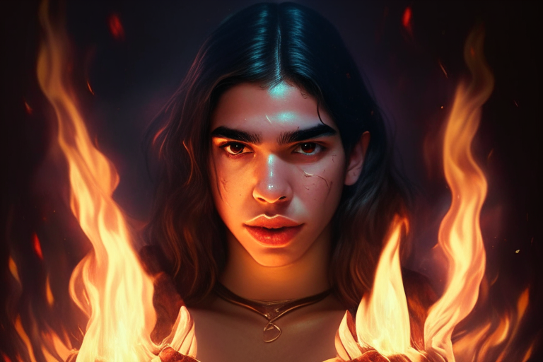Diseña a  Dua Lipa con capucha como si fuera una hechicera, y en tus manos ten una magia de Fuego