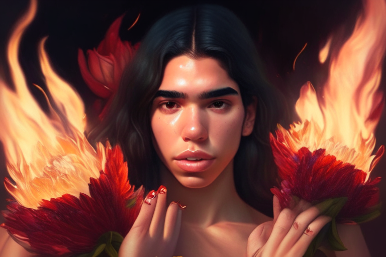 Diseña a  Dua Lipa con flores al rededo como si fuera una Diosa y en tus manos ten una magia de Fuego