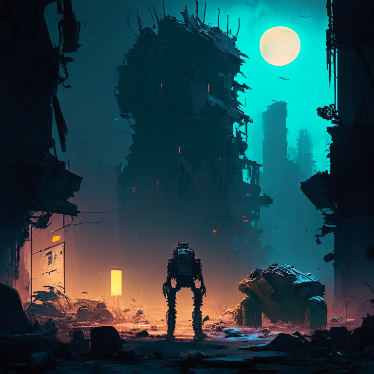 A moonlit scene of a Cyberpunk post-apocalyptic city in ruins. A group of robot survivors navigate the wreckage, their undying resilience a beacon of hope amidst the decay. The city groans with electric whispers, a stark reminder of what once was. –ar 16:9