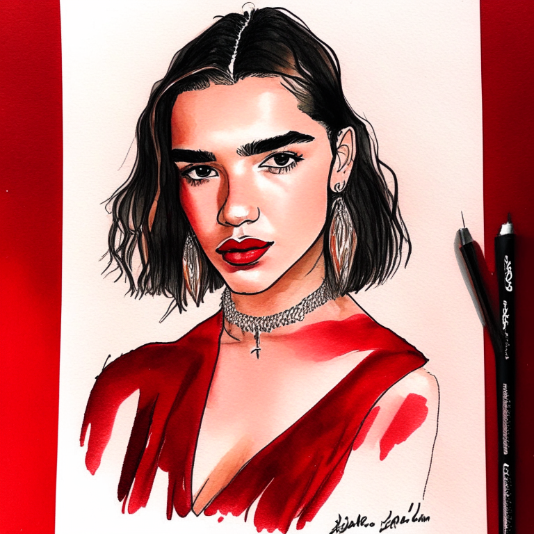 dibujo a pluma y tinta coloreado con acuarela, hermoso retrato de Dua Lipa con un hermoso vestido roma, cabello rizado, hermosas joyas, líneas negras limpias, pared de piedra y fondo negro y rojo, –ar 2:3 –q 2 –v 4