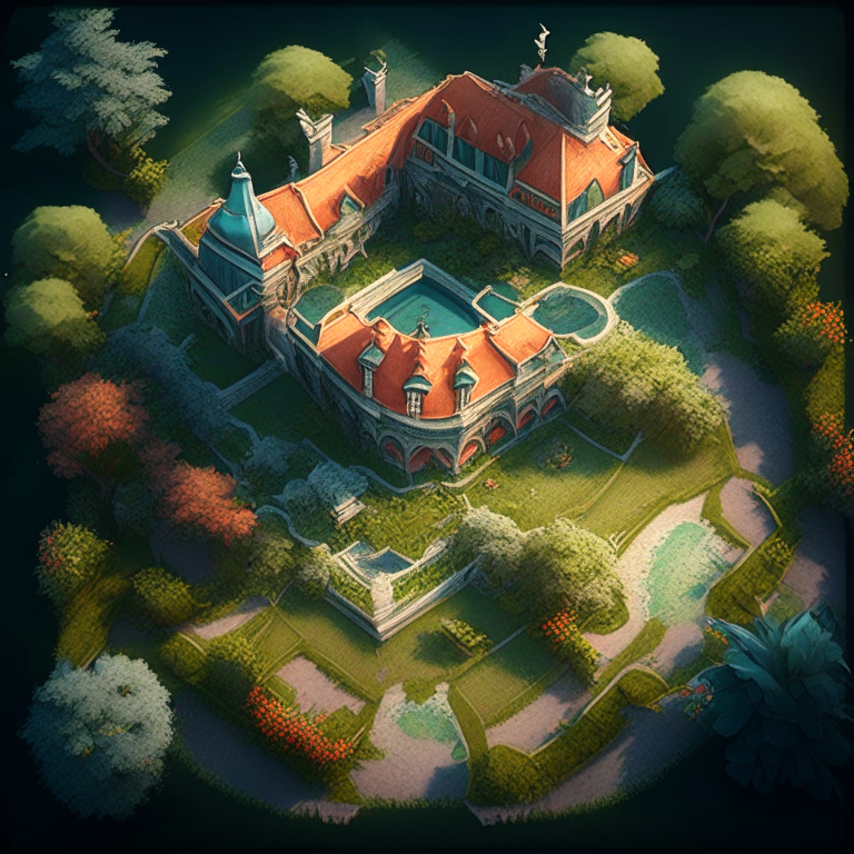 Mansion with its garden rpg mapa vista de pájaros –ar 2:3