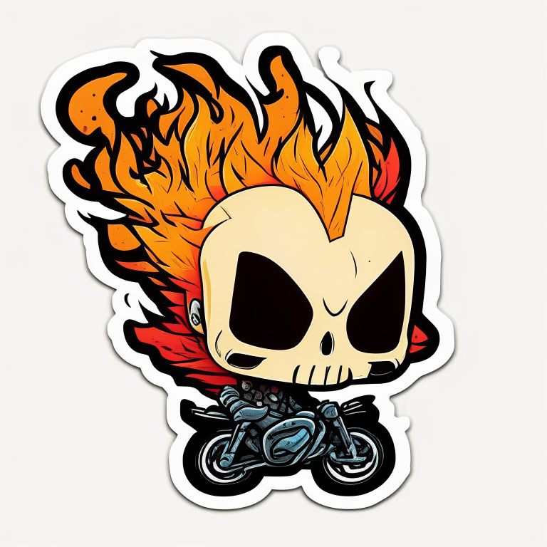 Ghost Rider, Sticker, Happy, Warm Colors, Chibi, Contour, Vector, White Background