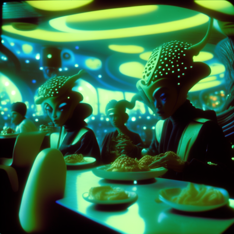 Andromedan scholars, short and round, with shimmering scales and tentacle-like appendages, savoring a meal at a futuristic Burger King, neon-lit, high-tech interior, holographic menus, robotic servers, customers of various species, futuristic cityscape visible through the windows, Galaxy Shakes being enjoyed, expressions, 35mm lens, f/2.8, iso/800, cool color grading, lively composition, immersive sci-fi scene –ar 16:9 –v 4