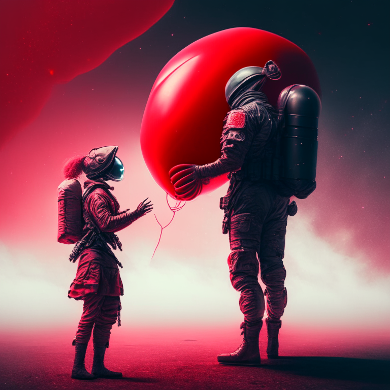an futuristic soldier and a woman, the futuristic soldier giving the woman a balloon, the balloon is dollar shaped and filled with red galaxy, photo quality, octane –ar 2:3 –q 2 –v 4