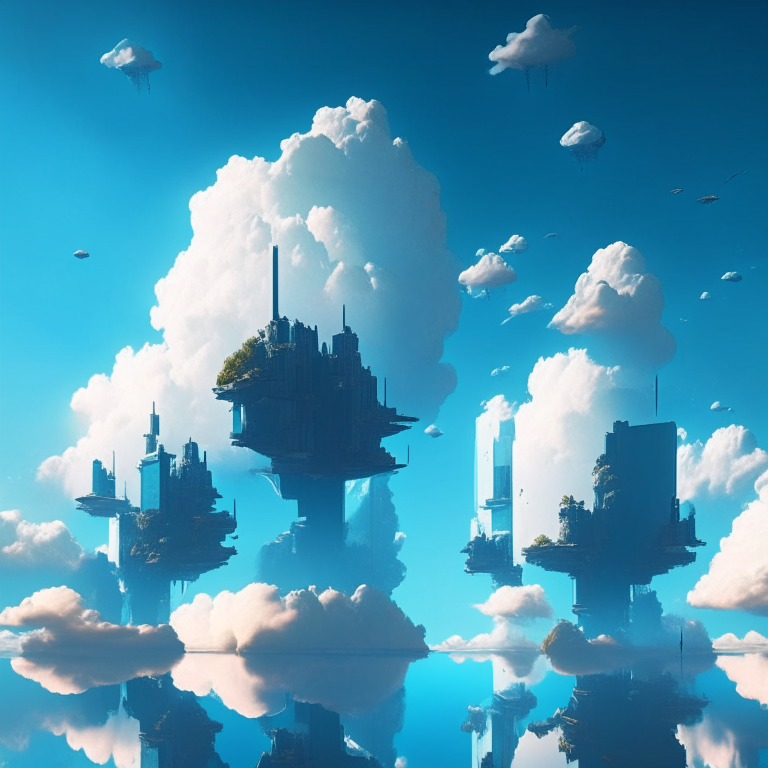sky scrapers in the background::1 floating islands in the sky::2 clouds and blue sky::1 cinematic lighting::1
