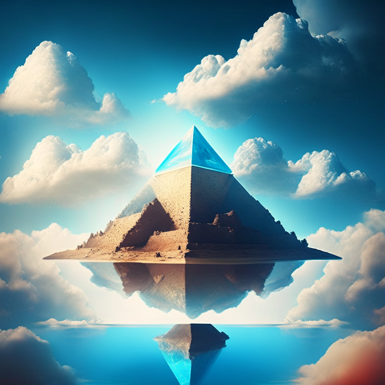 Pyramidal structure in the background::1 floating islands in the sky::2 clouds and blue sky::1 cinematic lighting::1