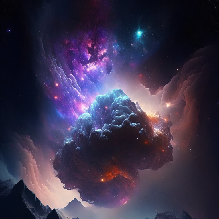nebulosa imaginación esfera o burbuja galaxia encima de una montaña con estacion espacial, profundidades adicionales, 3d, 4K, cinemática –ar 2:3
