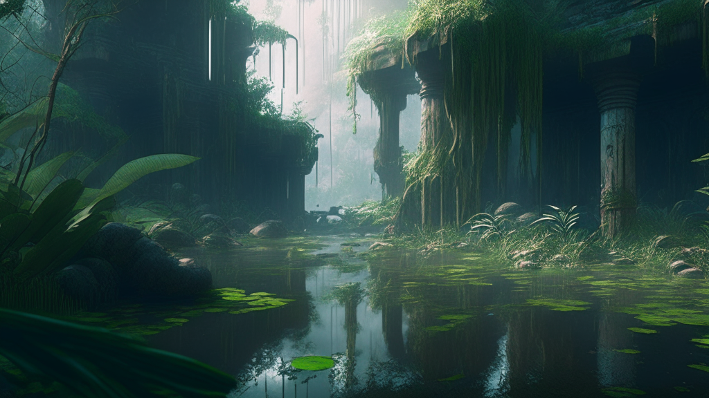 Technologically Advanced Ancient Civilization, highly detailed intricate environment, lots of wild flowers and ferns, forest, open clearing with a wet ground and river, fascinating muse around,  detailed matte painting, muted colors, photo-realistic, concept art, sci-fi, artstation, volumetric light, moody cinematic epic atmosphere,  octane render, hdr