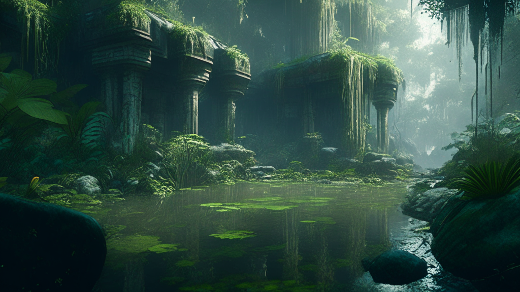 Technologically Advanced Ancient Civilization, highly detailed intricate environment, lots of wild flowers and ferns, forest, open clearing with a wet ground and river, fascinating muse around,  detailed matte painting, muted colors, photo-realistic, concept art, sci-fi, artstation, volumetric light, moody cinematic epic atmosphere,  octane render, hdr