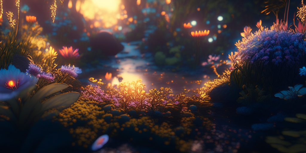 Hyperdetailed garden with flowers emerging from ground of hyperdetailed fantasy forest that with a stream flowing through it that glows like the sunset, cinematic lighting, 8k, unreal engine, octane render, realistic, vray, ambient occlusion, rtx