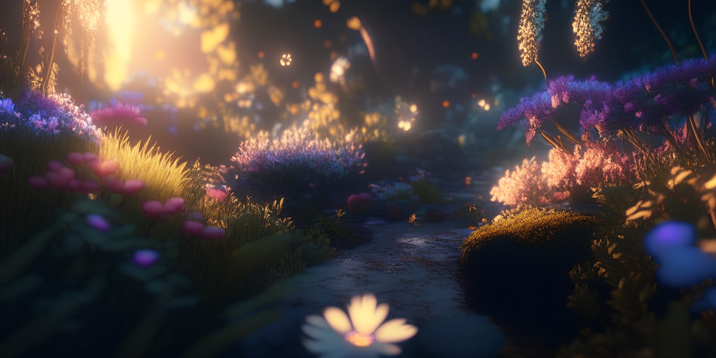 Hyperdetailed garden with flowers emerging from ground of hyperdetailed fantasy forest that with a stream flowing through it that glows like the sunset, cinematic lighting, 8k, unreal engine, octane render, realistic, vray, ambient occlusion, rtx