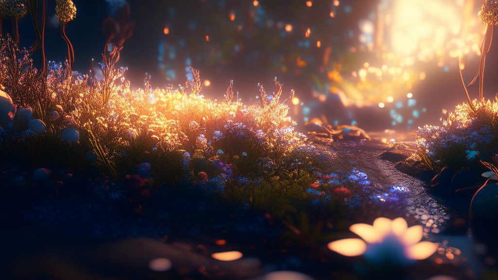 Hyperdetailed garden with flowers emerging from ground of hyperdetailed fantasy forest that with a stream flowing through it that glows like the sunset, cinematic lighting, 8k, unreal engine, octane render, realistic, vray, ambient occlusion, rtx