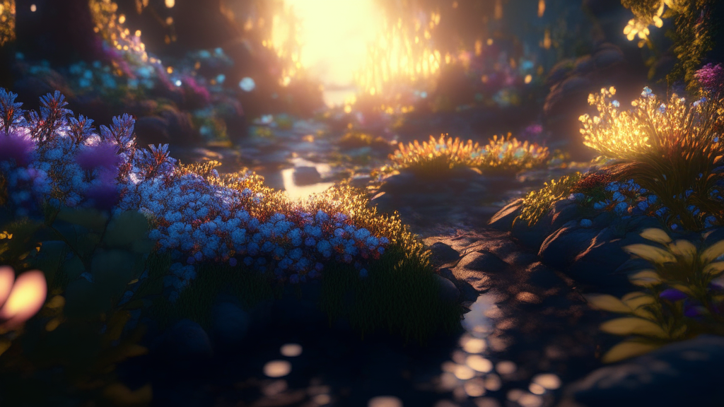 Hyperdetailed garden with flowers emerging from ground of hyperdetailed fantasy forest that with a stream flowing through it that glows like the sunset, cinematic lighting, 8k, unreal engine, octane render, realistic, vray, ambient occlusion, rtx