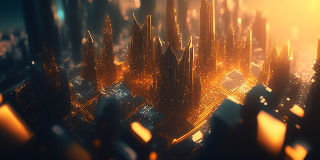 Futuristic megacity made of crystal and amber, view from a drone 8k
100mm lens, dramatic volumetric light, award winning professional cityscape photography, RTX, UHD, VRAY, Cinema4D, Blender, modern conceptual art, breathtaking composition, inspiring aesthetic, trending on CGSociety, 16k