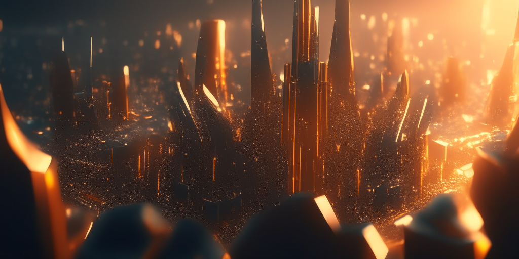 Futuristic megacity made of crystal and amber, view from a drone 8k
100mm lens, dramatic volumetric light, award winning professional cityscape photography, RTX, UHD, VRAY, Cinema4D, Blender, modern conceptual art, breathtaking composition, inspiring aesthetic, trending on CGSociety, 16k