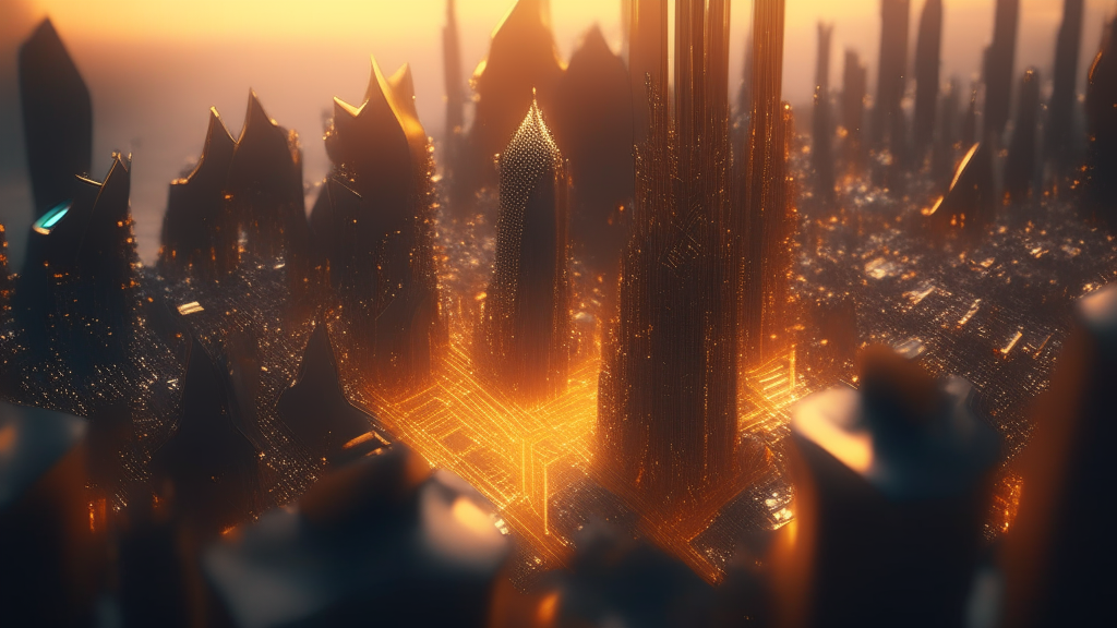 Futuristic megacity made of crystal and amber, view from a drone 8k
100mm lens, dramatic volumetric light, award winning professional cityscape photography, RTX, UHD, VRAY, Cinema4D, Blender, modern conceptual art, breathtaking composition, inspiring aesthetic, trending on CGSociety, 16k