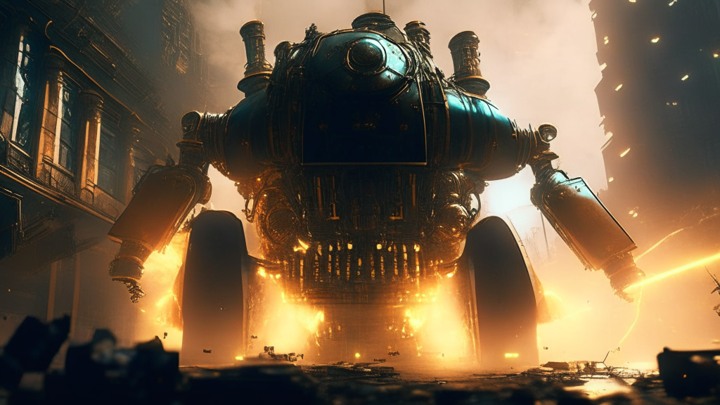 dieselpunk 1920s mecha Lenin destroying realcore solarpunk retrofuturistic city, highly detailed action movie still, dramatic lighting, drone photography, award winning shot