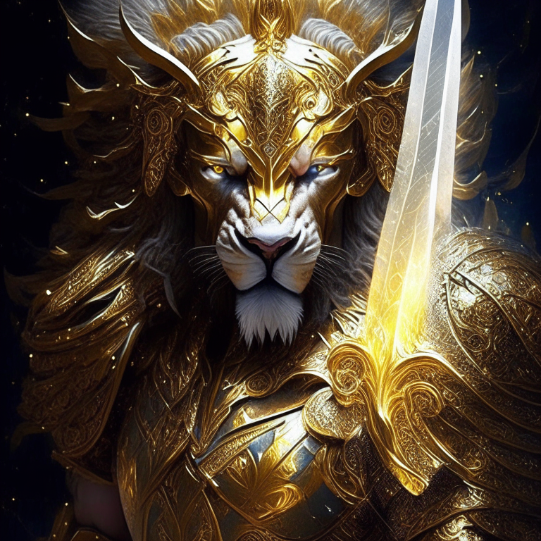 Mi mente crea la imagen de un guerrero majestuoso y poderoso que encaja con tu descripción. Visualizo a un guerrero galáctico con alas desplegadas, portando una espada brillante. Su armadura está hecha de un metal dorado resplandeciente, y sus ojos y las luces en su cuerpo emiten un intenso tono azul. Este guerrero cósmico parece provenir de las estrellas mismas, listo para luchar en batallas épicas en el vasto espacio.