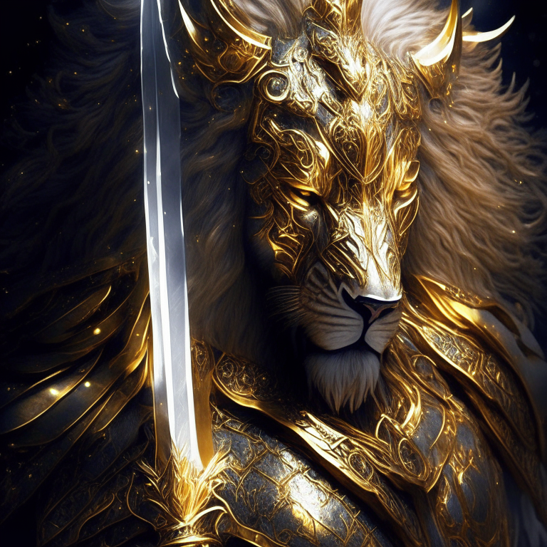 Mi mente crea la imagen de un guerrero majestuoso y poderoso que encaja con tu descripción. Visualizo a un guerrero galáctico con alas desplegadas, portando una espada brillante. Su armadura está hecha de un metal dorado resplandeciente, y sus ojos y las luces en su cuerpo emiten un intenso tono azul. Este guerrero cósmico parece provenir de las estrellas mismas, listo para luchar en batallas épicas en el vasto espacio.
