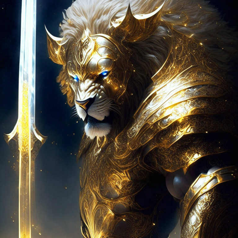 Mi mente crea la imagen de un guerrero majestuoso y poderoso que encaja con tu descripción. Visualizo a un guerrero galáctico con alas desplegadas, portando una espada brillante. Su armadura está hecha de un metal dorado resplandeciente, y sus ojos y las luces en su cuerpo emiten un intenso tono azul. Este guerrero cósmico parece provenir de las estrellas mismas, listo para luchar en batallas épicas en el vasto espacio.