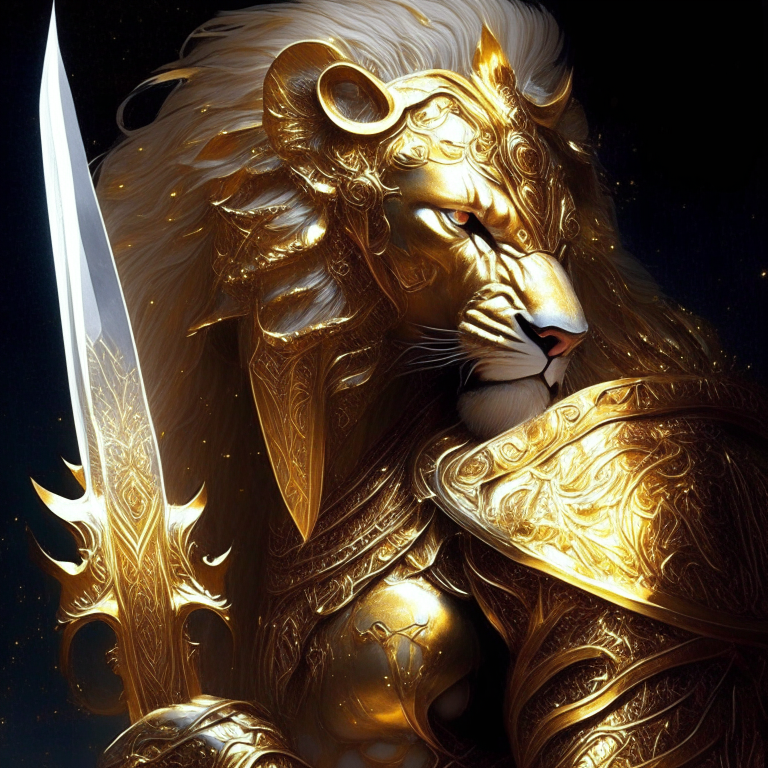 Mi mente crea la imagen de un guerrero majestuoso y poderoso que encaja con tu descripción. Visualizo a un guerrero galáctico con alas desplegadas, portando una espada brillante. Su armadura está hecha de un metal dorado resplandeciente, y sus ojos y las luces en su cuerpo emiten un intenso tono azul. Este guerrero cósmico parece provenir de las estrellas mismas, listo para luchar en batallas épicas en el vasto espacio.
