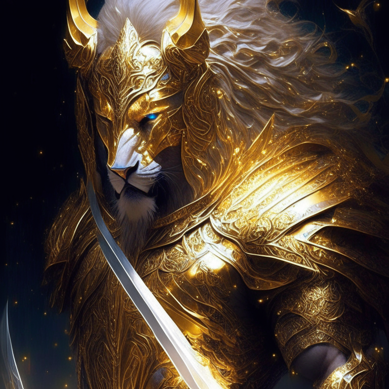 Mi mente crea la imagen de un guerrero majestuoso y poderoso que encaja con tu descripción. Visualizo a un guerrero galáctico con alas desplegadas, portando una espada brillante. Su armadura está hecha de un metal dorado resplandeciente, y sus ojos y las luces en su cuerpo emiten un intenso tono azul. Este guerrero cósmico parece provenir de las estrellas mismas, listo para luchar en batallas épicas en el vasto espacio.