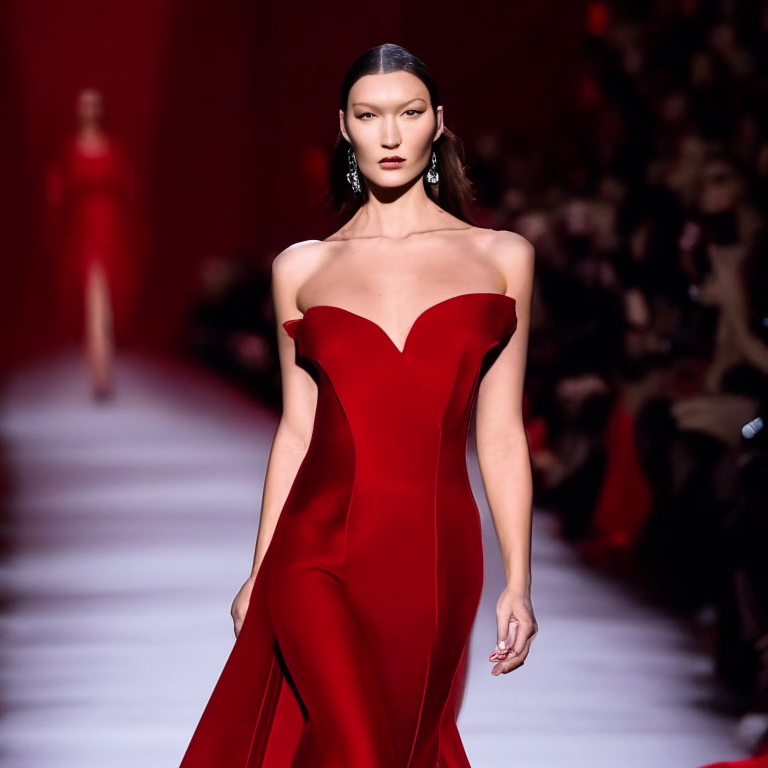 Bella hadid in a long red dress on the catwalk