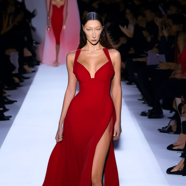 Bella hadid in a long red dress on the catwalk