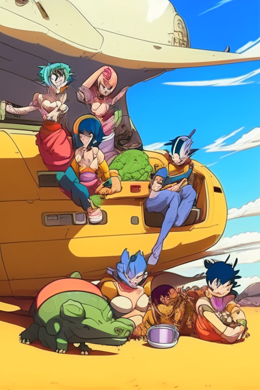 Kame , Bulma, Oolong , Krilin, Yamcha , Pual , Lunch AND Turtle Taking Plane