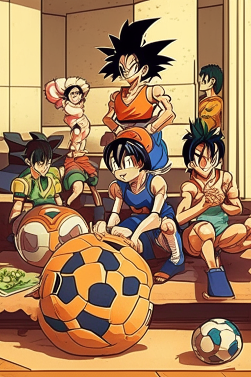 Kame , Bulma , Yamcha , Pual , Krillin, Lunch, Turtle AND Goku (Kid) AND Soccer playersfrom dragón ball at hotel