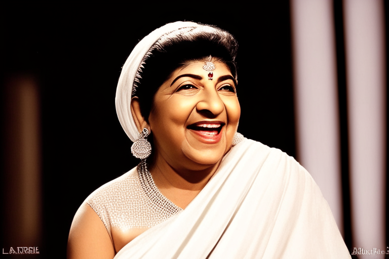 Lata Mangeshkar smiling, wearing a white saree, holding a microphone
