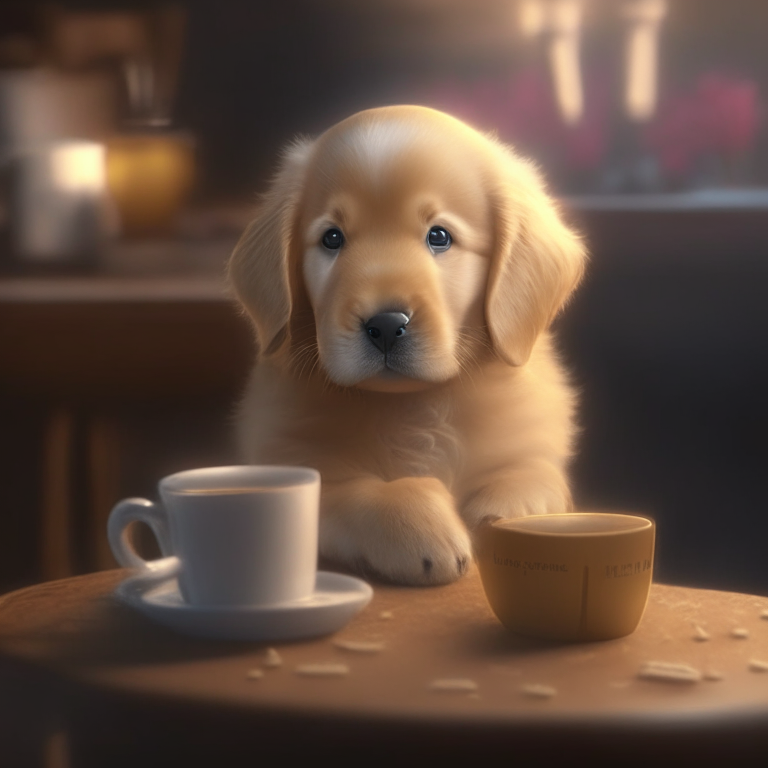 a Golden Retriever puppy drinking a latte with heart-shaped art, cozy atmosphere, 4k