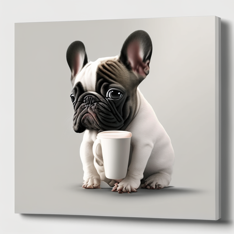 a French Bulldog puppy drinking a latte with heart-shaped art, minimalist style, 4k
