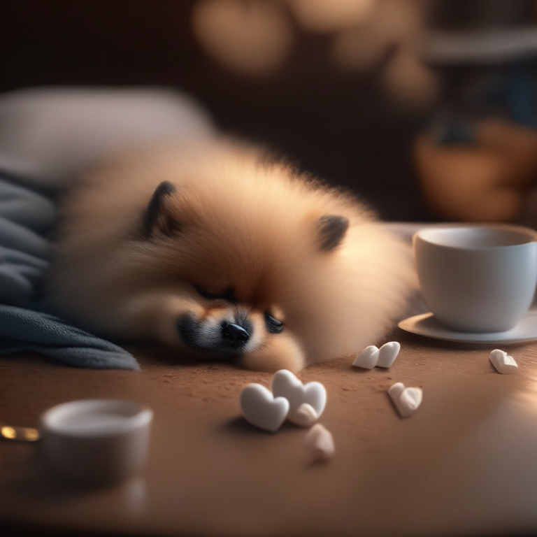 a sleeping Pomeranian puppy with a heart-shaped latte on the table, cozy atmosphere, 4k