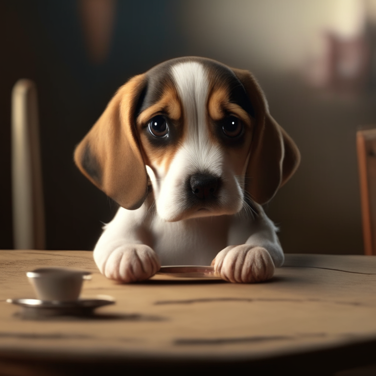 a cute Beagle puppy making a sad face while eating on a table, 4k