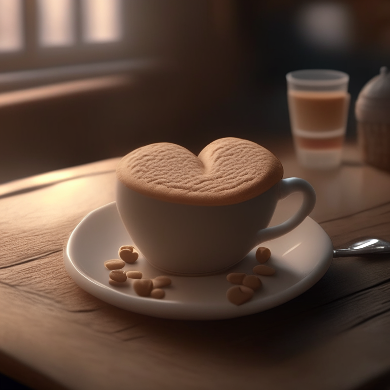 a heart-shaped biscuit with latte on the table, cozy atmosphere, 4k