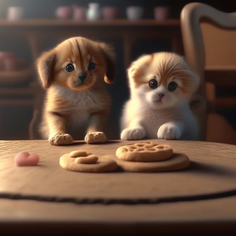 a cute puppy and kitten sitting on a table with a love-shaped biscuit, 4k