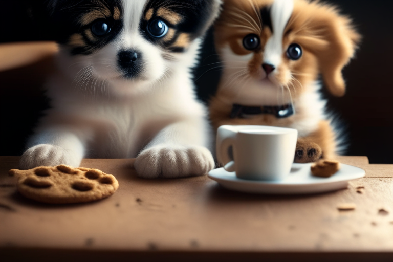 a cute puppy and kitten sitting on a table with love biscuits and coffee, ultrarealistic uhd faces, Kodak Ultramax 800, pexels, 85mm, casual pose, 35mm film roll photo