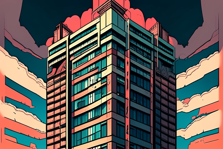 a tall building with a bunch of windows on top of it in the style of 90's vintage anime, surrealism, Akira, and anime line art