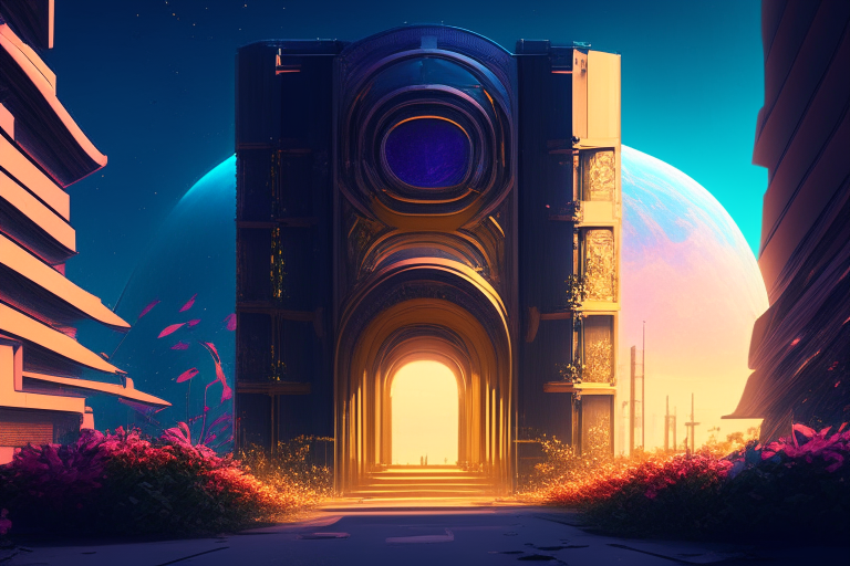 a matte painting of a ghetto in futuristic heaven with vibrant flowers and a magical space gate made of gold, in the style of Greg Rutkowski and Beeple, with neon colors. Greg Rutkowski. Beeple