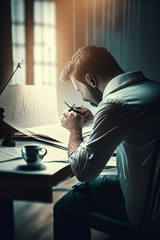 A man sitting in table and writing about script stock market background is the beautiful trading structure in cinematic 