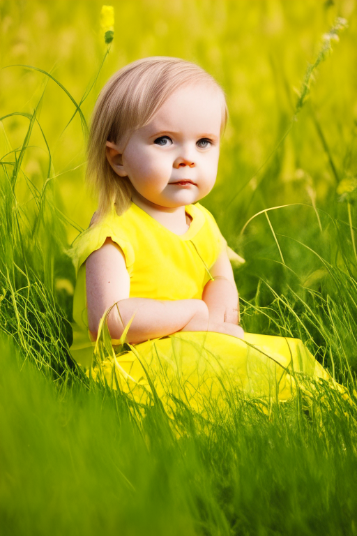 2 year old girl, sitting in the yellow wild grass