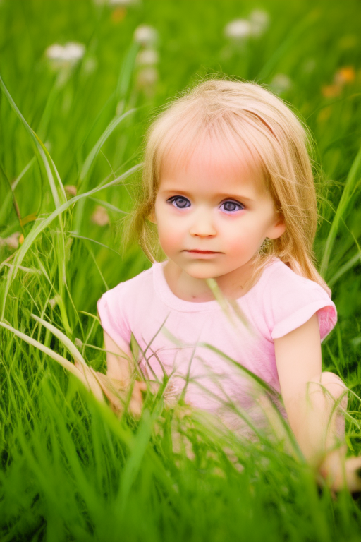 2 year old girl, sitting in the wild grass