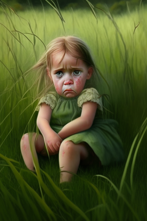 “2 year old girl, sitting in the wild grass” crying

